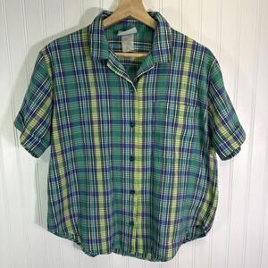 JANTZEN Womens Vintage Plaid Short Sleeve Button Up Collared Shirt Green 80s M